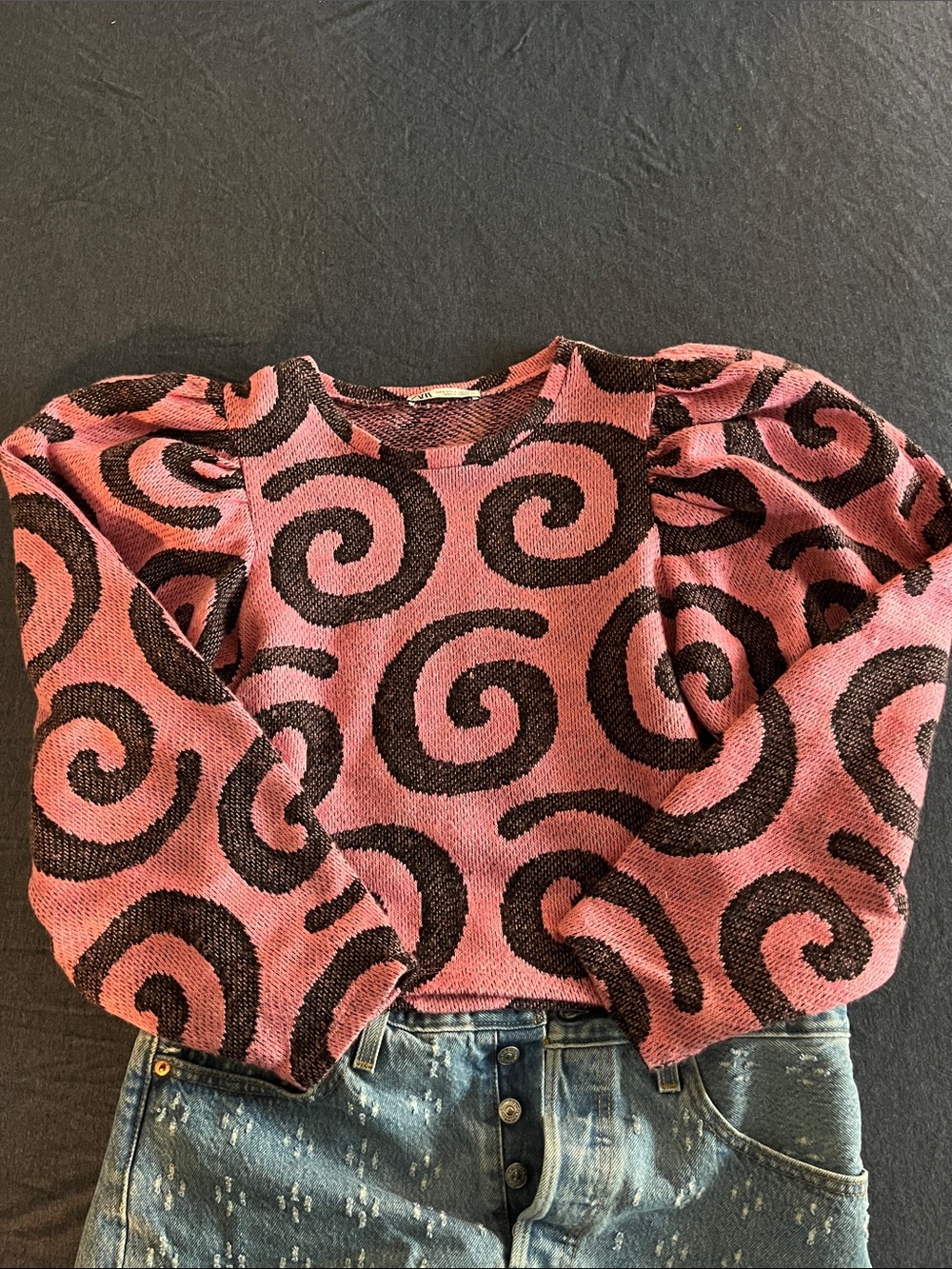 Zara Pink and Black Swirl Knit Sweater